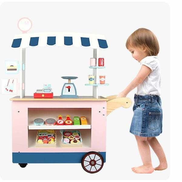 Kid Wooden Pretend Toy Food Grocery Store Stall Market Mobile Stand Cart Trolley