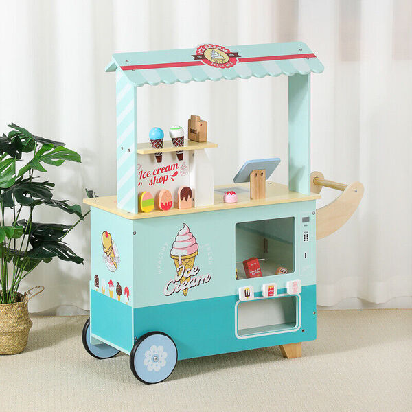 Kid Pretend Play Toy Wooden Ice Cream Cart Sweets Shop Stand Vending Machine