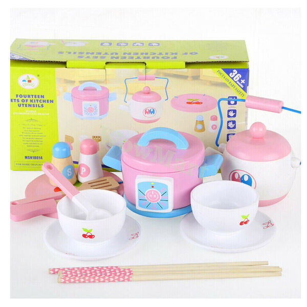 Kid Wooden Pretend Toy Kitchen Cookware &amp; Dinnerware Utensil Set 14pcs