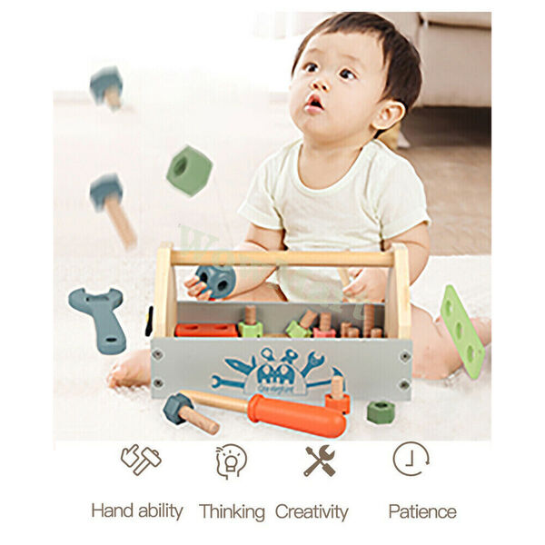 Kid Educational Pretend Toy Take-Along Wooden Construction Toy Tool &amp; Carry Box