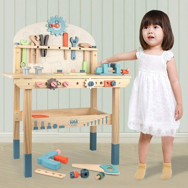 Kid Wooden Pretend Play Toy Tool Stand Work bench Saw Hammer Screwdriver Set 50P