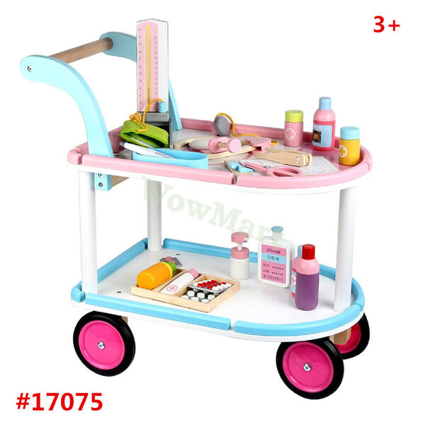 New Deluxe Kid Wooden Pretend Play Toy Medical Cart Set &amp; Accessories