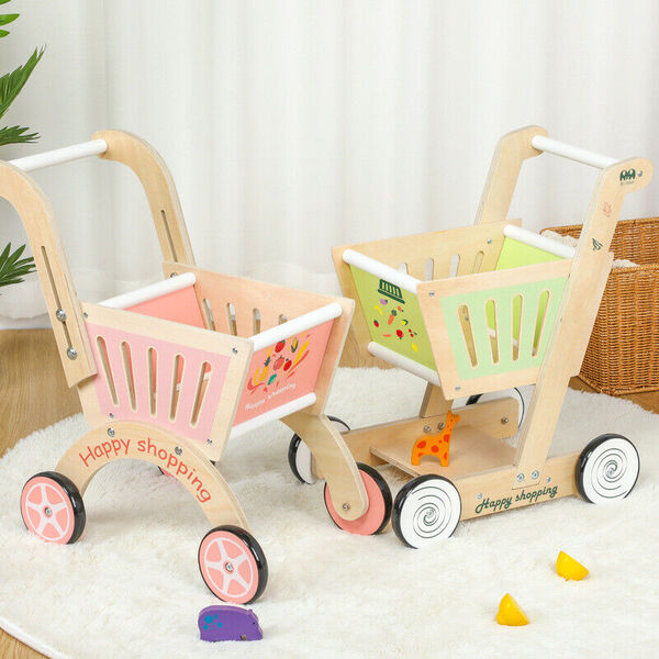 Kid Wooden Educational Pretend Toy 4 Wheel Shopping Trolley Toddler Walker 3Y+