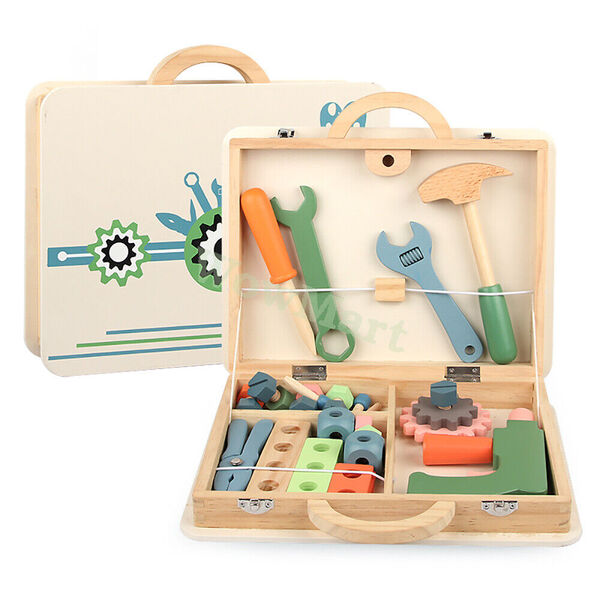 Kid Educational Pretend Toy Wooden Hand Tool DIY Building Block &amp; Case Set