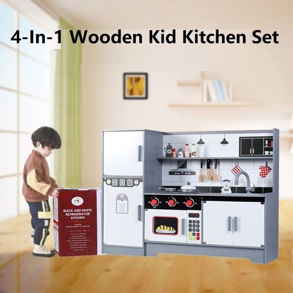 4-In-1 Kid Wooden Cooking Bench Oven Fridge Utensils Kitchen Pretend Play Toy