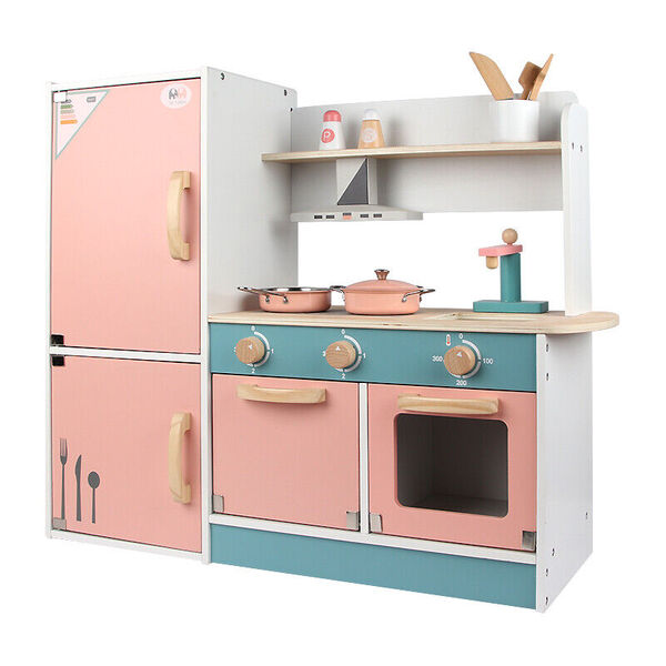 Kid Pretend Play Toy Wooden Fridge Kitchen Sink Oven Rangehood Dishwasher Set