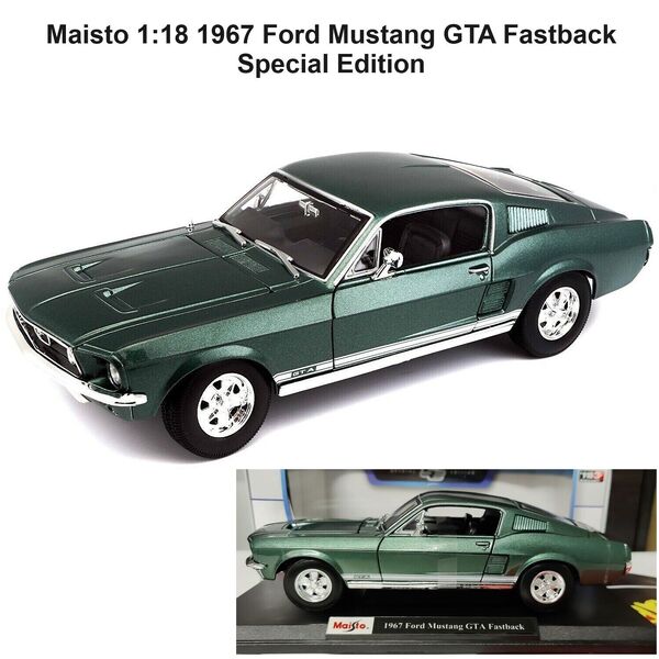 1:18 Maisto 1967 Ford Mustang GTA Fastback Metal Diecast Car Model &amp; Stand 26cm