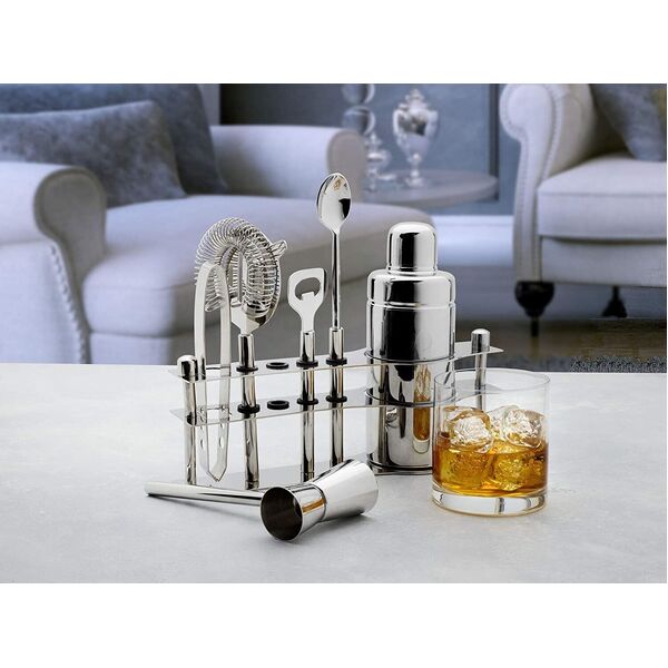 Mikasa Luxe Stainless Steel Bar Tool &amp; Stand 6 Pcs Set  Shaker Strainer Ice Tong