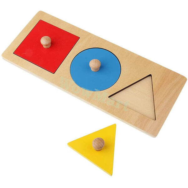 Montessori Learning Toy Wooden Jigsaw Puzzle Geometry 3 Shape Panel Hand Knob