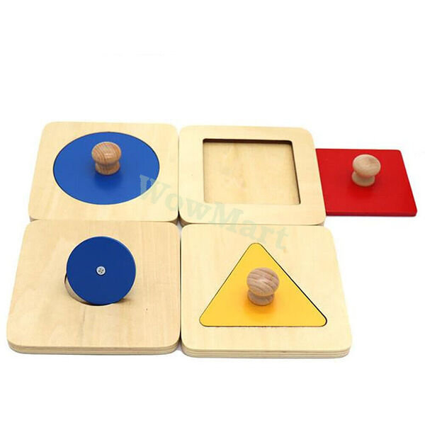 Montessori Learning Toy Wooden Jigsaw Puzzle Geometry 4 Shape Color Panel &amp; Knob