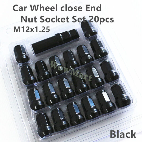 Forged Steel Car Wheel Close End 20 Pcs Lug Nut Socket Set Cap M12 x 1.25 Black