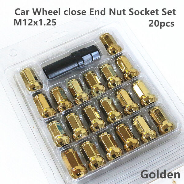 Forged Steel Car Wheel Close End 20 Pcs Lug Nut Socket Set Cap M12 x 1.25 Golden