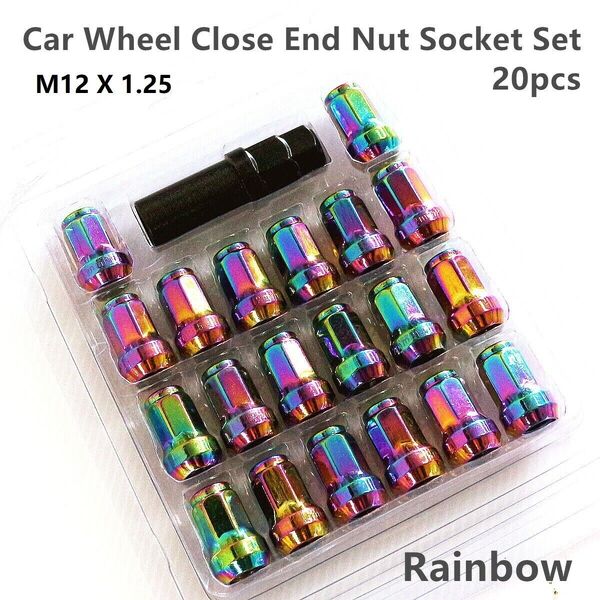 Forged Steel Car Wheel Close End 20 Pc Lug Nut Socket Set Cap M12 x 1.25 Rainbow