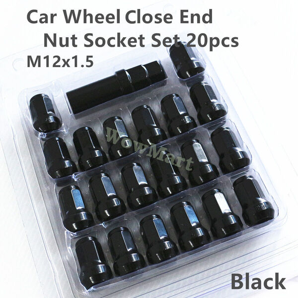 Forged Steel Car Wheel Close End 20 Pcs Lug Nut Socket Set Cap M12 x 1.5 Black