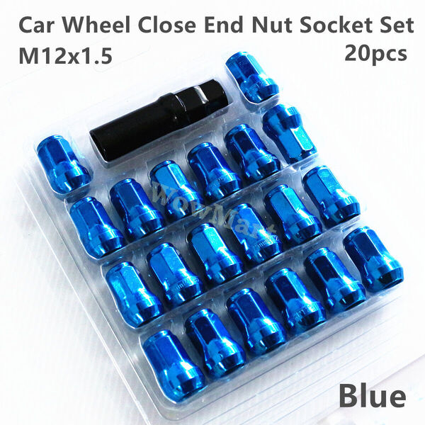 Forged Steel Car Wheel Close End 20 Pcs Lug Nut Socket Set Cap M12 x 1.5 Blue