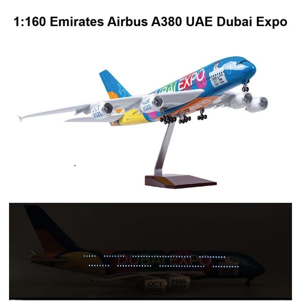 1:160 Dubai Expo 2020 Emirates A380 Plane Model / LED Light Wheel Aircraft Model