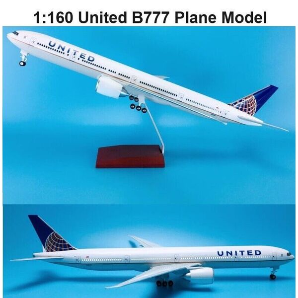 1:160 United B777 -300 Plane Model LED Light Wheels Boeing Aircraft Model 47cm