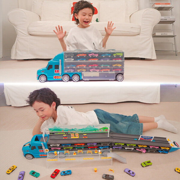 Kid Catapult Launch Racing Car Track 10 Cars Carrier Transport Container Truck