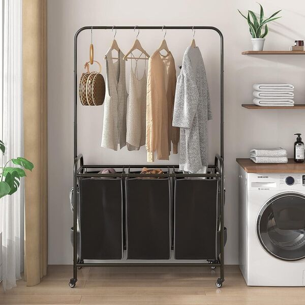 Metal Laundry Hamper 3 Laundry Sorter Bag Cart &amp; Clothes Hanging Bar Hamper Cart