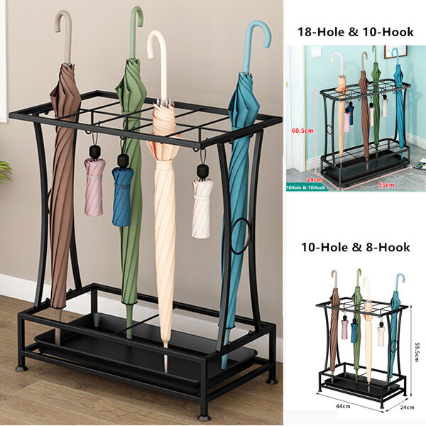 Freestand Metal Umbrella Holder Stand Umbrella Rack Drip Tray 10-18 Slot &amp; Hooks