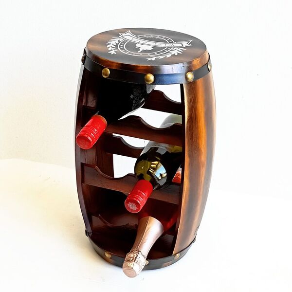 Wooden Wine Rack Barrel Free Stand 6 Bottle Wine Holder Home Bar Chateau Decor