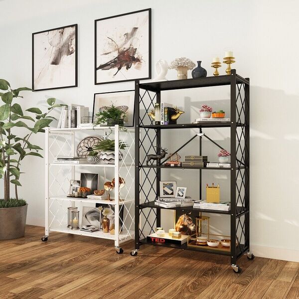 Folding Portable Metal Kitchen Bathroom Book Flower Storage Shelf Cart 3/4 Tier