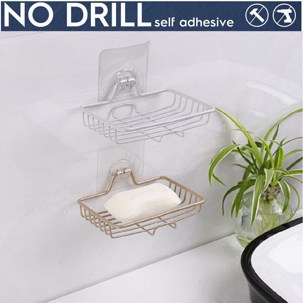 No Drill Adhesive Wall Drain Tray Soap Dish Bathroom Suction Soapbox Box Storage