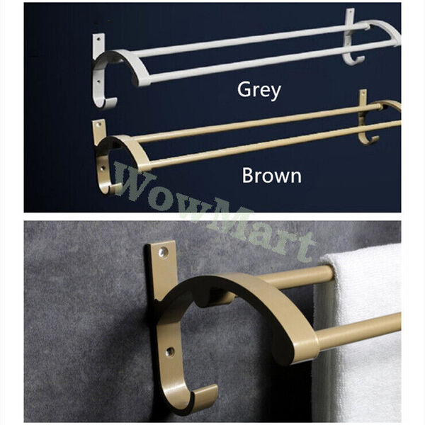 No Drill Adhesive Wall Mount Bathroom Towel Double Rail Bar Aluminum Hanger 60cm