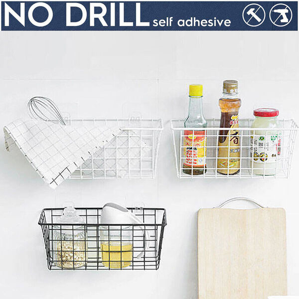 No Drill Wall Bathroom Toiletries Kitchen Spice Storage Basket Organiser x 2Pcs