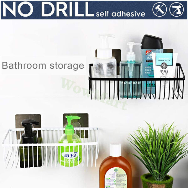 No Drill Adhesive Wall Mount Bathroom Kitchen Storage Basket Organiser 2 Pack