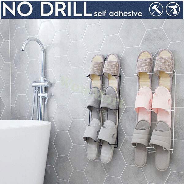 No Drill Adhesive Wall Mount Hanging Slipper Shoe Shelf Organizer Space Saving