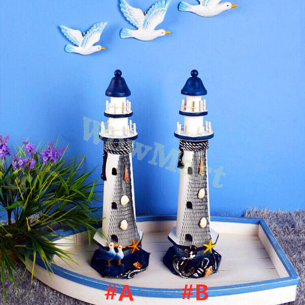 Home Office Garden Decoration Freestanding Wooden Craft Lighthouse Model 50cm