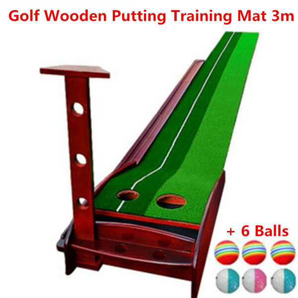 Golf Practice Green 3m Wooden Golf Putting Mat Return Ball Training Aid &amp; 6 Ball