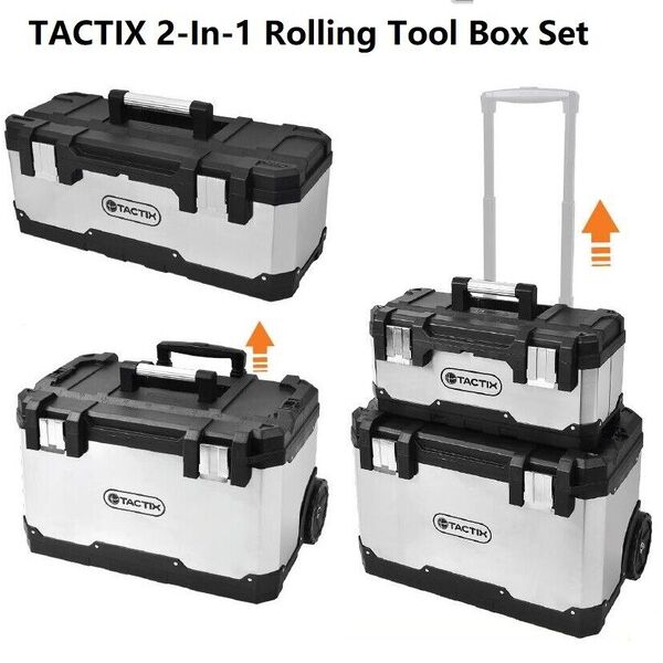 Portable Tactix 2-in-1 Stainless Steel Tool Box Mobile Tool Storage Trolley Set