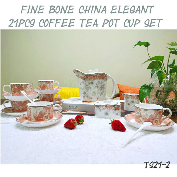 Elegant Fine Bone China Tea Set Coffee Afternoon High Tea Pot Cup Sauce Set 21pc