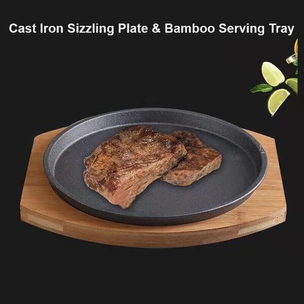 Cast Iron Sizzling Plate Teppanyaki Steak BBQ Hot Serving Plate &amp; Bamboo Tray