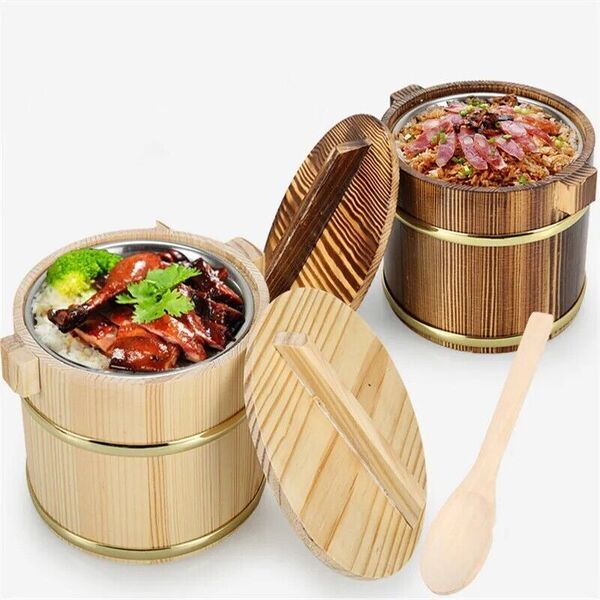 Restaurant Wooden Barrel Rice Bucket  Rice Warmer Bowl Food Container &amp; Lid 2 LT