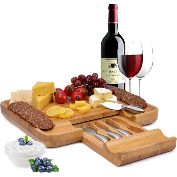 WoneNice Bamboo Cheese Board &amp; 4 Knife Set Wooden Serving Cutting Chopping Board