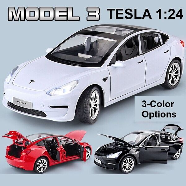 1:24 Alloy Diecast Tesla Model 3 Car Model Sound &amp; Light Pull Back Car Model Toy