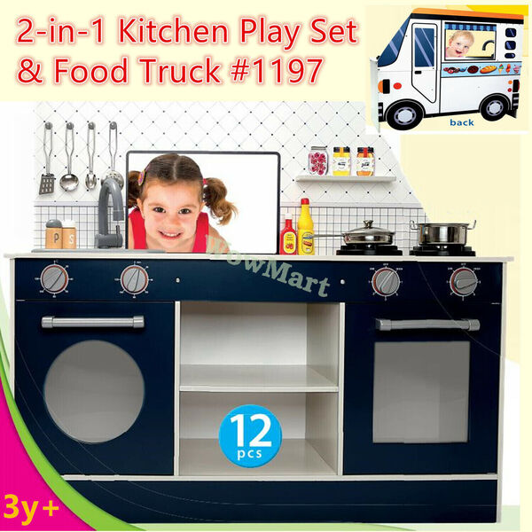 Kid Pretend Play Toy Wooden Light Sound Kitchen &amp; Food Truck Playhouse Set #1197