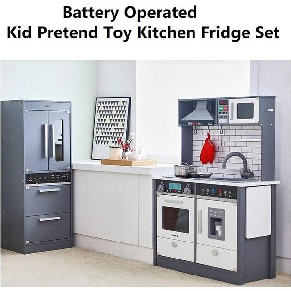 2Pc Kid Pretend Toy Kitchen Fridge Sink Range Hood Microwave Cooktop Oven Set