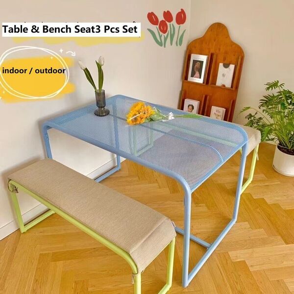 Indoor Outdoor Metal Mesh Kid Adult Study Table &amp; Bench Seat Play Table &amp; Chair