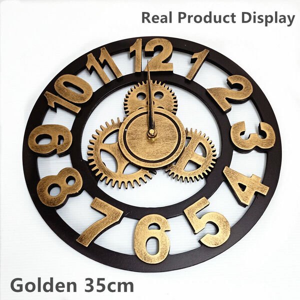 Wooden Wall Clock Industrial Skeleton Gear Decorative Vintage Retro Style 35cm