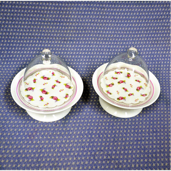 2pcs Round Ceramic Butter Dish Cupcake Food Plate Stand Glass Dome Cover A