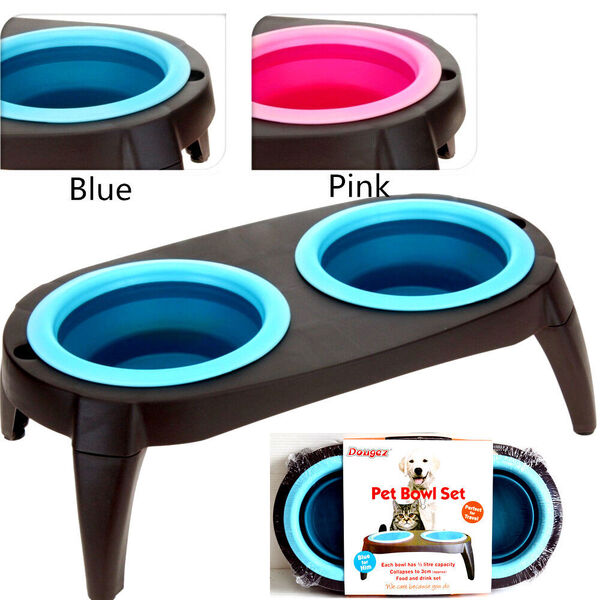 Pet Dog Cat Double Collapsible Silicone Double Water Food Feeding Bowl Dish 1/2L