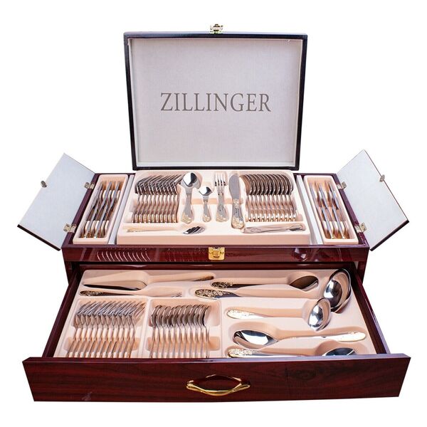 ZILLINGER Luxury 72p Stainless Steel Cutlery Serving Tableware &amp; Wooden Case Set